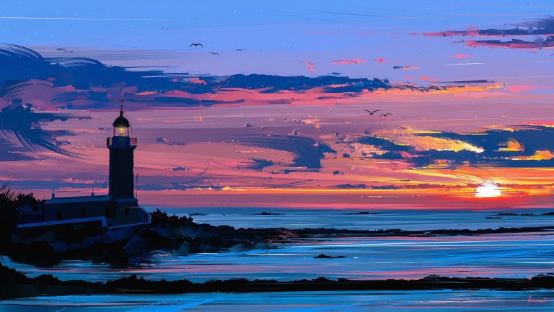 drawing, vector, lighthouse, artwork, coast, Aenami, digital art, colorful, 1080P