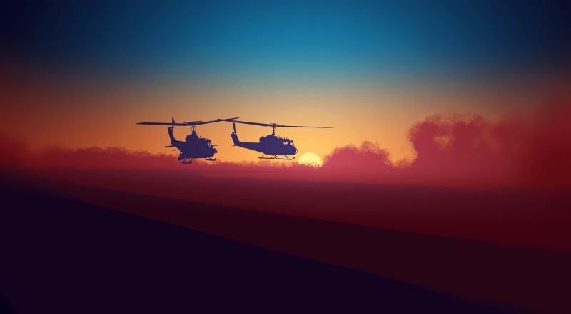 Illustration, Flying, Aero, Minimalism, Vector Art, Helicopters, flatdesign, Sunset, Colorful, Clouds, 2K