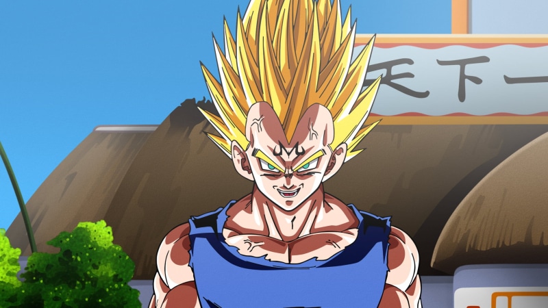 blue, front view, building exterior, illustration, Dragon Ball, portrait, Super Saiyan, one person, sky, Vegeta, day, outdoors, clear sky, art and craft