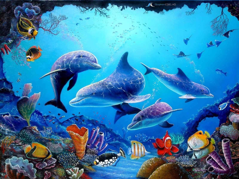 sea, art, blue, fish, digital art, 720P, animal, seawater, dolphin, digital