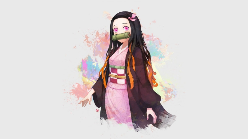 illustration, 2D, artwork, Kimetsu no Yaiba, anime, pink eyes, drawing, long hair, anime girls, digital art, dark hair, gagged, looking at viewer, demon girls