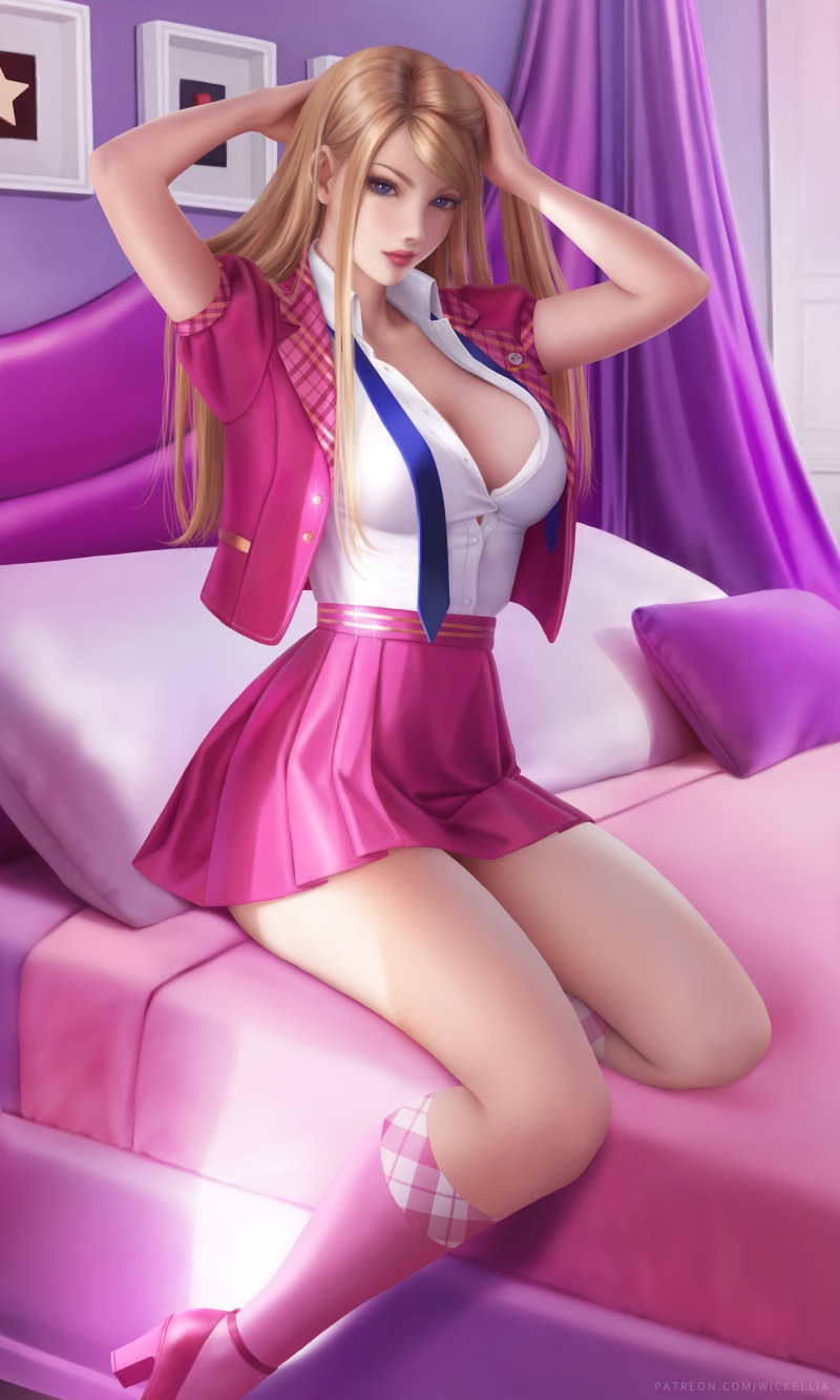 drawing, fan art, cleavage, school uniform, vertical, sitting, blue eyes, digital art, women, hands on head, artwork, socks, in bed, blonde, illustration