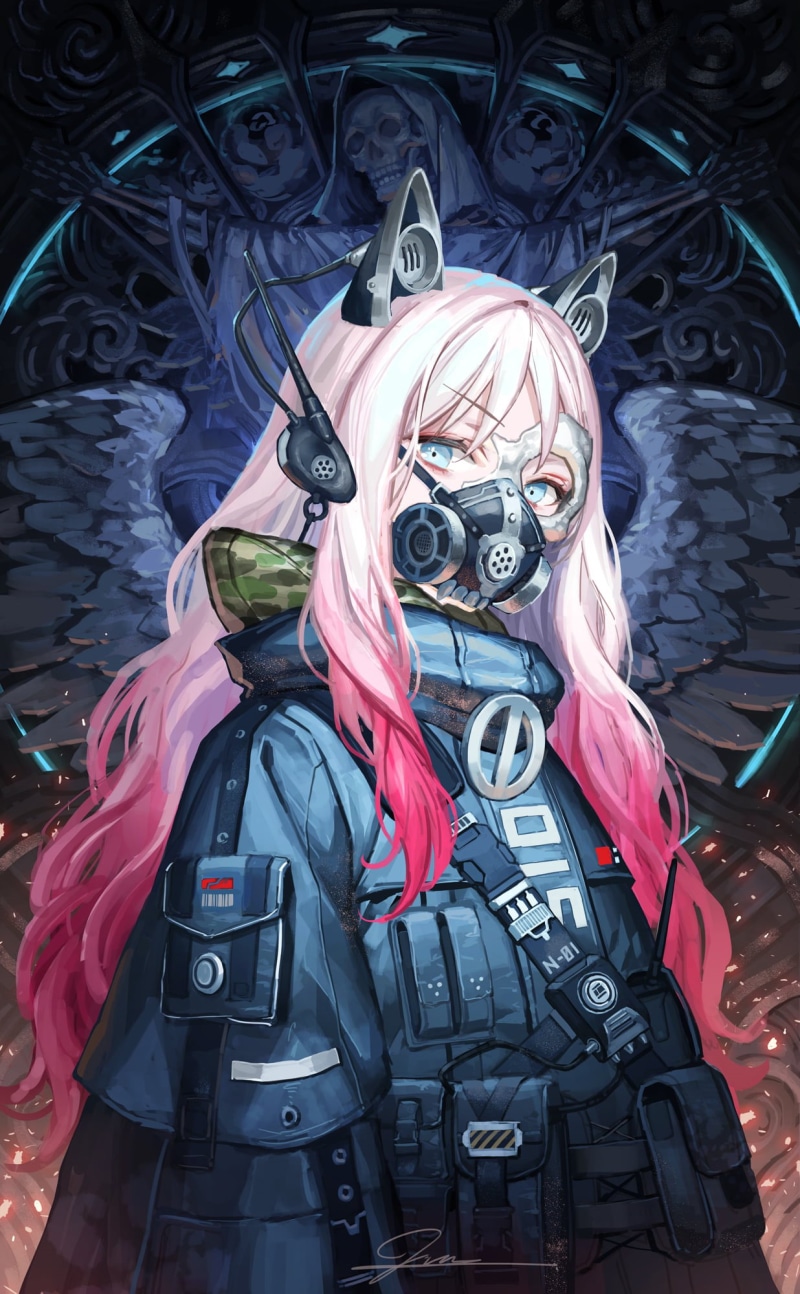 skeleton, Mai Okuma, illustration, blue eyes, military, gas masks, anime, looking at viewer, anime girls, digital art, vertical, portrait display, artwork