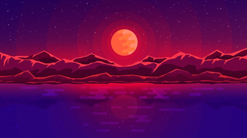 night, minimalist, fantasy landscape, minimal, moon, moonlight, red sky, 1080P, abstract, art