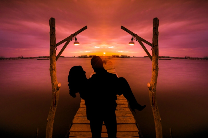 rear view, sun, beach, silhouette, full length, orange, three quarter length, love, day, outdoors, wife, togetherness, valentines, coast, two people, people