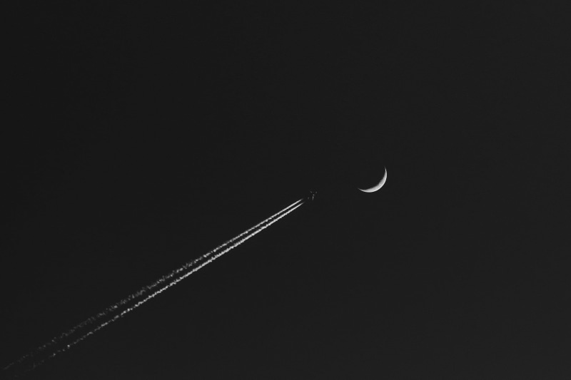 night, clear sky, space, contrails, outdoors, dark, nature, transportation, beauty in nature, scenics - nature, crescent, sky, Moon, vapor trail, mode of transportation