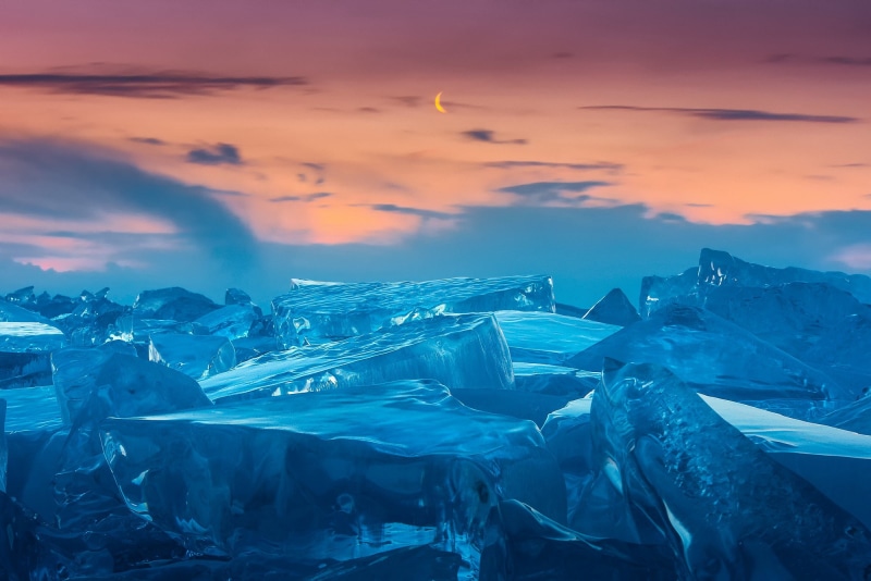 moon, crescent, lake, sky, Lake Baikal, winter, ice, baikal, 1080P