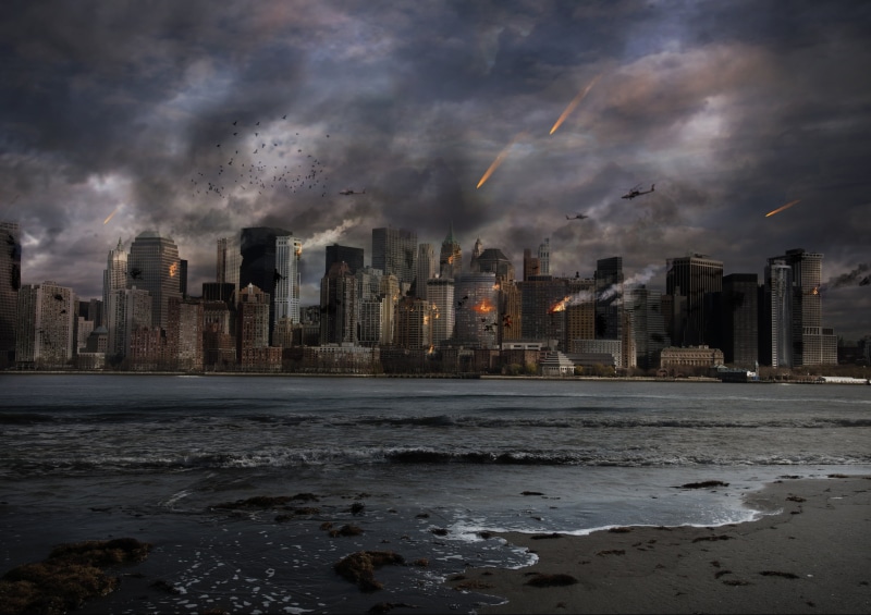 emotions, architecture, fire, building, nuclear, raining, financial district, apocalypse, dusk, sea, nature, built structure, place, no people, outdoors