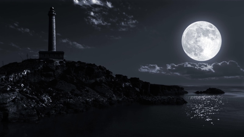 water, reflection, phenomenon, super moon, darkness, full moon, lighthouse, landscape, monochrome, moonlight, supermoon, seascape, photography, black and white