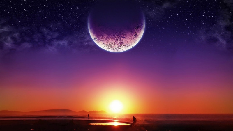 moonlight, sea, planet, supermoon, scenics - nature, tranquil scene, afterglow, environment, idyllic, star, 4K, nature, lens flare, sunset, tranquility
