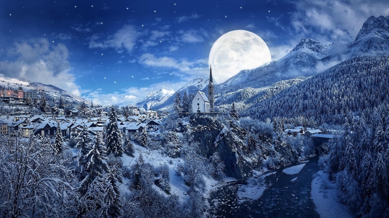 freezing, full moon, nature, moonlight, 4K, mountain, snow, village, sky, night, forest, fantasy art, mountain range, supermoon, winter, tree, moon, river