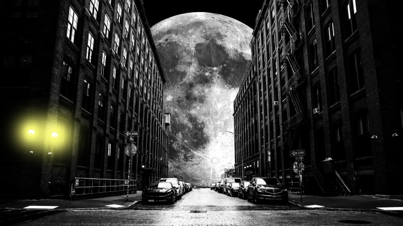 street light, city, street, fantasy city, sky, fantasy art, supermoon, parking, darkness, black and white, cars, light, 4K, streetlight, night, buildings