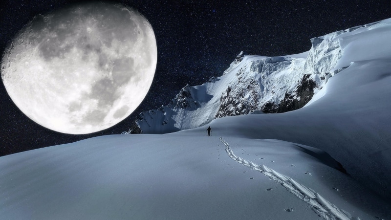 winter, sky, arctic, snowy, freezing, moon, phenomenon, trace, nature, 4K, supermoon, imagination, man, peaks, snow, ice, glacial landform, full moon