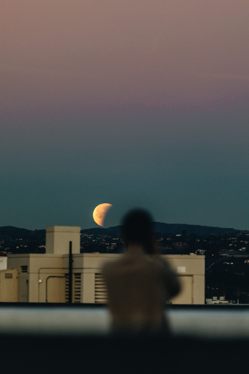 leisure activity, roof, built structure, supermoon, outdoors, backwards, rear view, standing, rooftop, cityscape, facing, one person, building exterior