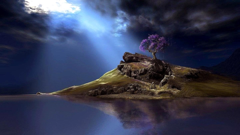 lake, sky, lonely tree, sea, night, tree, fantasy art, water, moonlit, cloud, loch, dreamy, lone tree, landscape, nature, 1080P, reflection, rock, moonlight