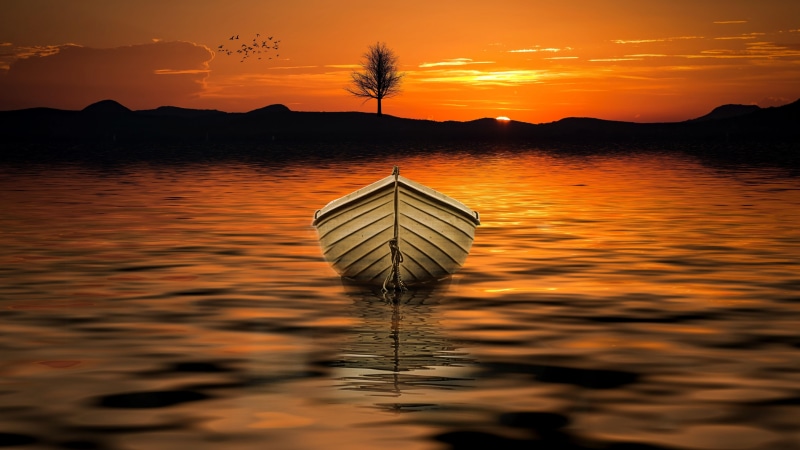 outdoors, silhouette, mountain, afterglow, lake, horizon, non-urban scene, orange color, tree, boat, nature, sky, beauty in nature, evening, scenics - nature