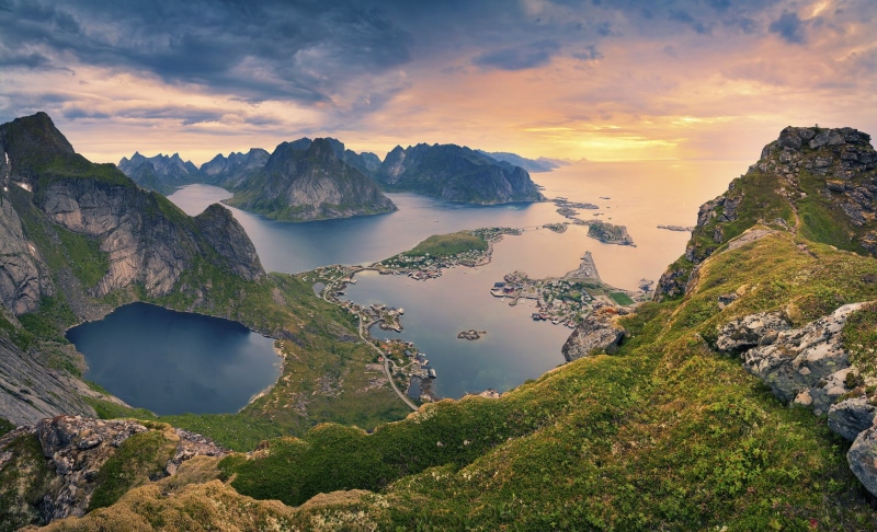 islands, Lofoten Islands, nature, the village, the mountains, 1080P, houses, hillside, sea, lofoten, the sea, Norway
