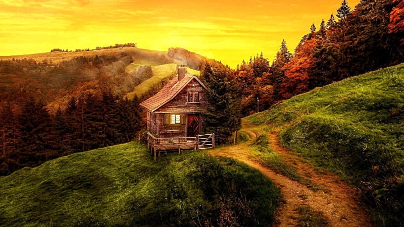 landscape, top of the hill, cottage, sunset, hillside, amazing, nature, 1080P