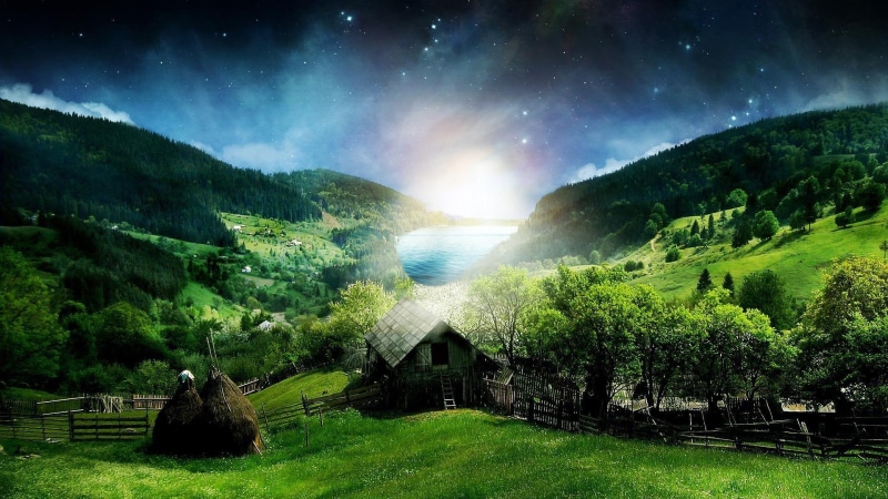 1080P, hillside, landscape, starry night, night sky, house