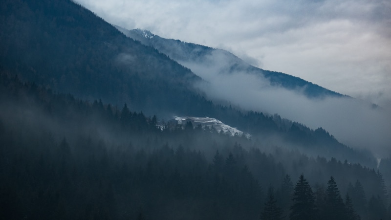 landscape layers, nature, tranquil scene, mountain peak, outdoors, covered, coniferous tree, forest light, grey, tree, forest mood, 5K, evergreen tree