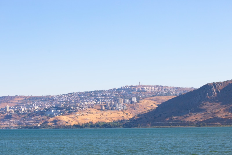 land, golden, buildings, clear sky, hills, blue, gold, architecture, mountain, sky, sea of galilee, travel destinations, water, building exterior, view into land