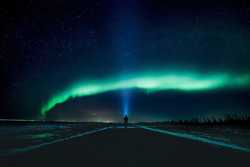 Iceland, dark, flashlight, road, landscape, 4K, long exposure, turquoise, aurorae, stars, night