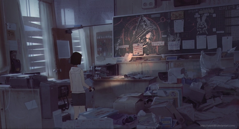 pyramid, girls, anime girls, abandoned, hill, 2000x1085, anime, pyramid head, head, silent, flashlight, classroom, 1080P, silent hill 2
