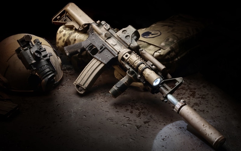 gun, gray, 1080P, drops, protection, security, conflict, assault rifle, toy, ammunition, technology, indoors, sign, rifle, still life, aggression, flashlight