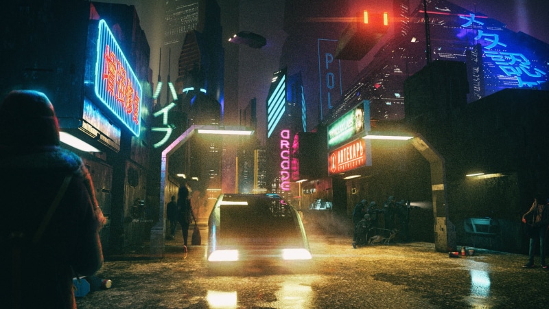 night, 1080P, police, Retrowave, neon glow, David Legnon, flashlight, cyberpunk, flying car