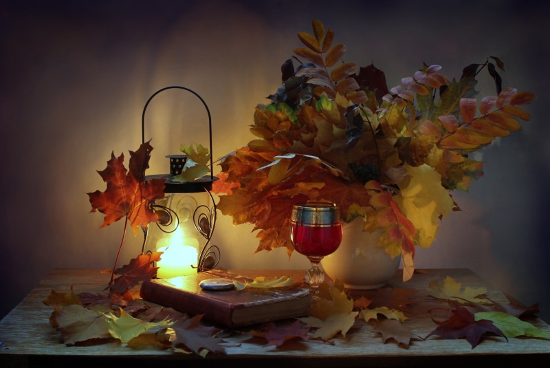 candle, still life, flashlight, 2K, book, autumn, watch, candle holder, the evening, leaves