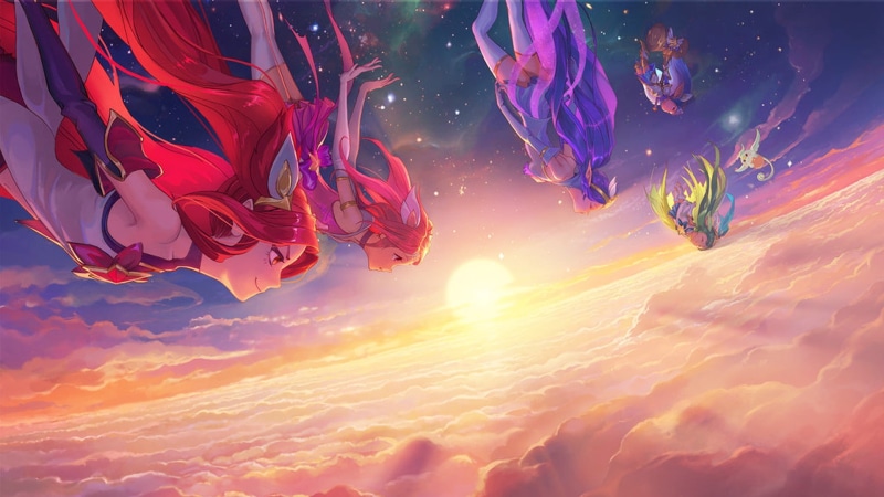 falling, Lux (League of Legends), 1080P, Star Guardian, Janna (League of Legends), Jinx (League of Legends), Lulu (League of Legends), sky, sunset