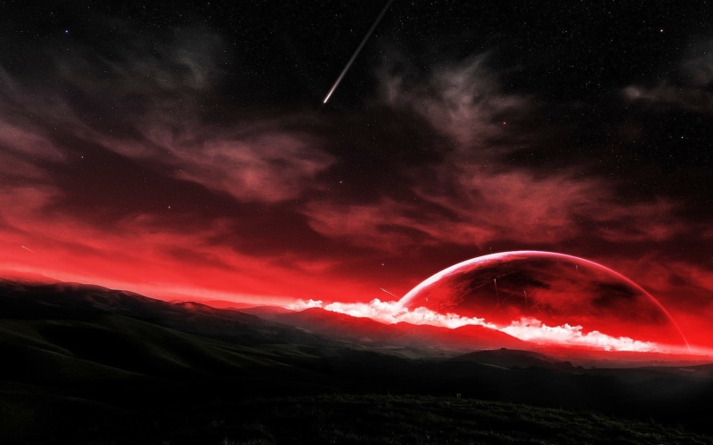 mountain, long exposure, 720P, falling, outdoors, volcano, space art, red, environment, astronomy, scenics - nature, no people, power in nature, sky, majestic