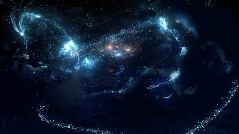blue, digital composite, beauty in nature, stars, galaxy, falling down, anime girl, scenics - nature, 2K, science, space exploration, night, sky, exploration