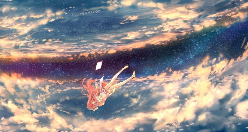 clouds, falling down, shelter, sky, stars, rin, Anime, 1080P