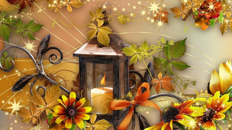 fall, shine, candle, stars, leaves, 1080P, autumn, ribbon, light, yellow, bright, flowers, gold, vintage, lantern