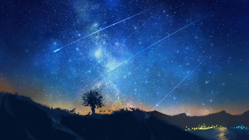 night, 1080P, falling stars, Anime, landscape