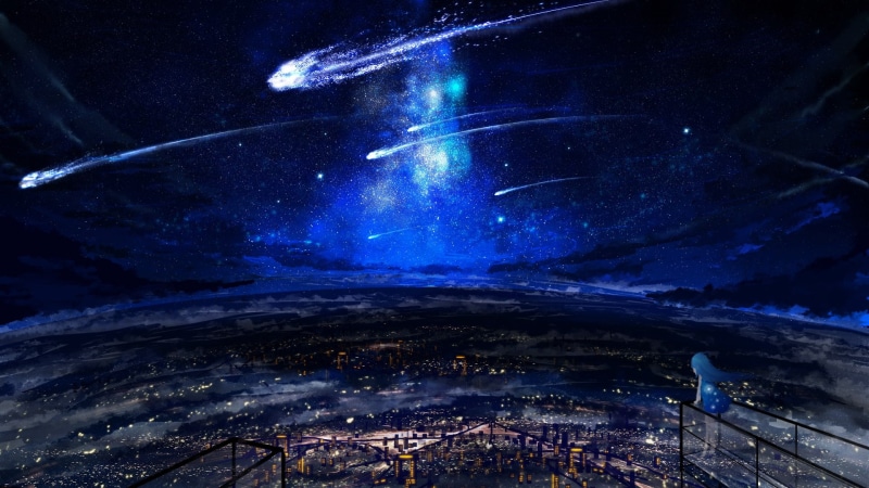 Anime, sky, astronomy, high angle view, outdoors, scenics - nature, nature, no people, falling stars, building exterior, landscape, illuminated, space