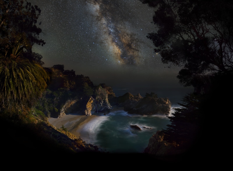 Big Sur, McWay Falls, Night, Starry Sky, Milky Way, Earth, 4K, Waterfall, California, Sky, Mountain, Stars