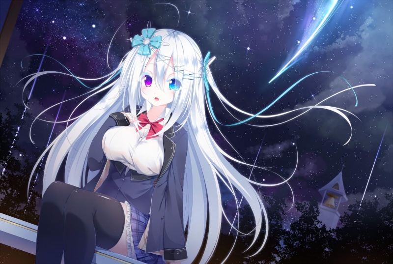 Anime, art and craft, invertebrate, space, 720P, anime girl, night, falling star, nature, long hair, motion, digital composite, illuminated, sky, animal wildlife