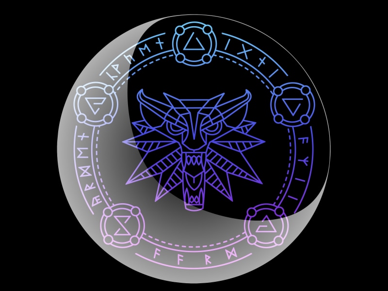 Igny, Crescent, runes, Irden, signs, wolf, The aard, Quen, Axi, the Witcher, 4K, round