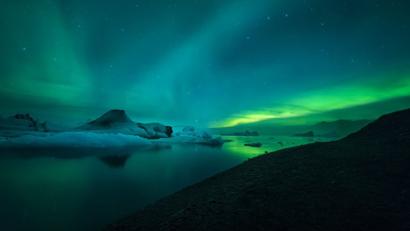 aurora polaris, aurora, ice, reflection, borealis, water, scenics - nature, stars, night, landscape, beauty in nature, aurorae, 2K, lake, mountains, snowcapped mountain