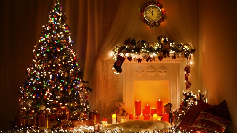 4K, New Year, 4K, fir-tree, Christmas, decorations, fireplace, toys