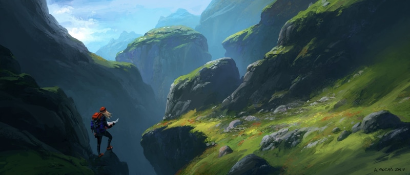 hd, nature, 2000x857 px, mountains, px, artwork, art, sky, cliff, 1080P, digital, Landscape, x, digital art