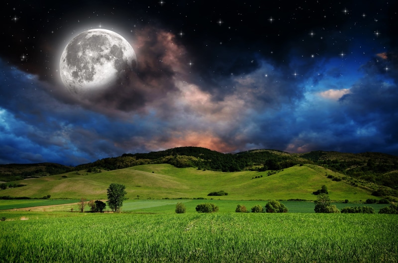nature, trees, starry night, forest, space, Moon, grass, digital art, photo manipulation, hills, 2K, landscape, field, stars, clouds