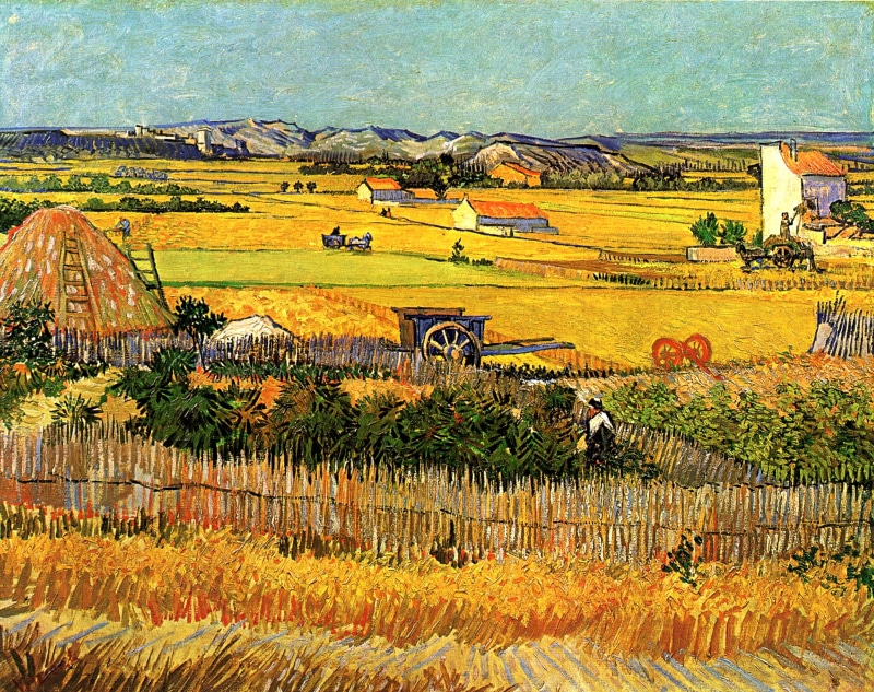 with Montmajour in the Background, Vincent van Gogh, 2K, Harvest at La Crau