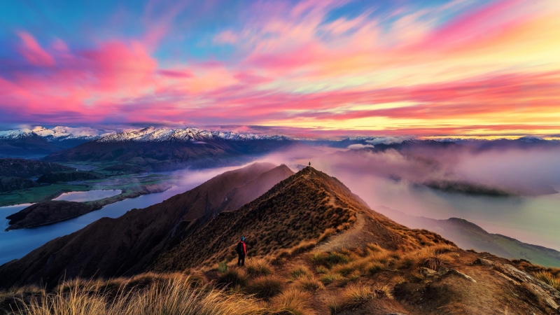pink sunset, environment, tranquility, trip, one person, nature, beauty in nature, mountain, travel, mount scott, queenstown, vacations, holiday, photography
