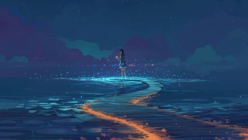 stars, 1080P, digital art, landscape, anime, 2D, clouds, night, moescape, sky, artwork