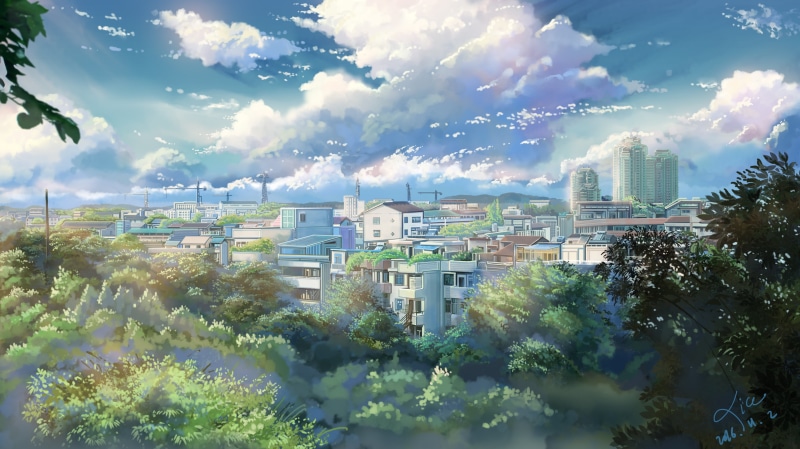 2K, outdoors, anime, moescape, cityscape, sky, landscape, clouds, trees, 2016 (Year)