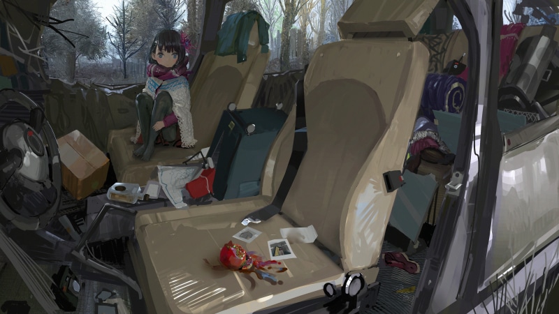 anime, car, environment, trees, PainDude _, scarf, flower in hair, Knit Fabric, sitting, moescape, bangs, 5K, abandoned, original characters, black hair