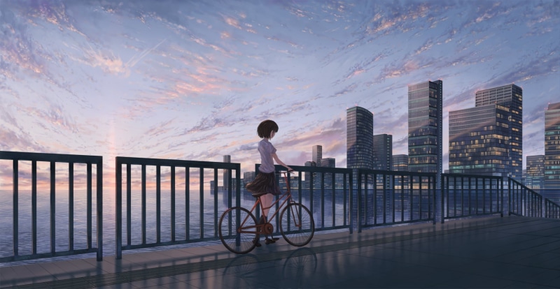 bicycle, dark hair, city, anime girls, anime, original characters, clouds, 720P, short hair, sky, moescape